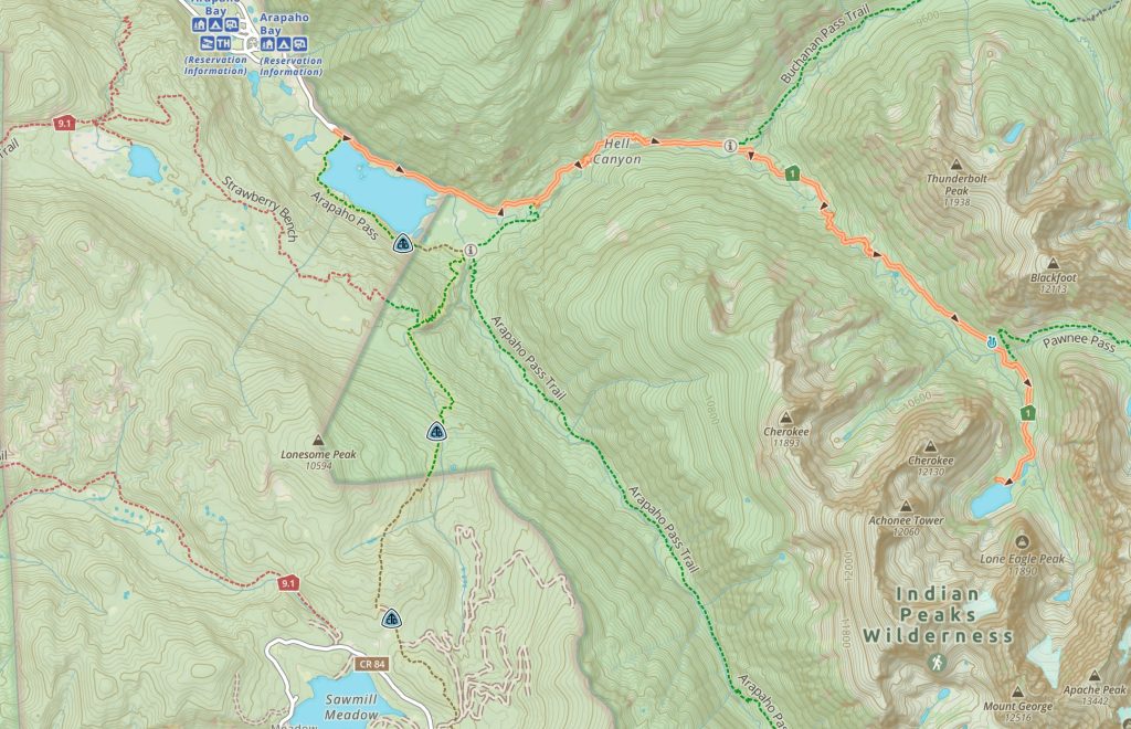 Crater Lake Trail Map, Indian Peaks Wilderness, Colorado