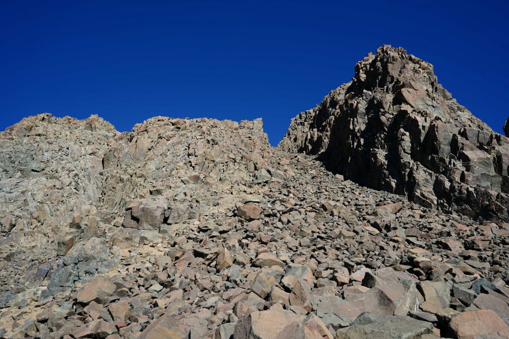 Looking up Lavender Couloir from saddle at the top of the scree field