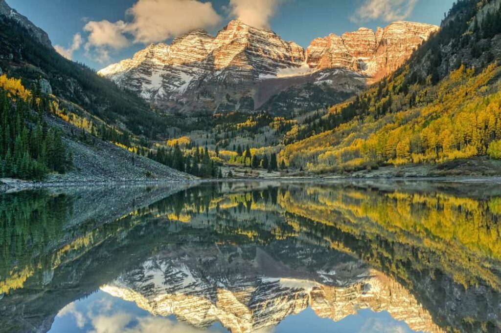 Maroon Bells at Maroon Lake during foliage.
